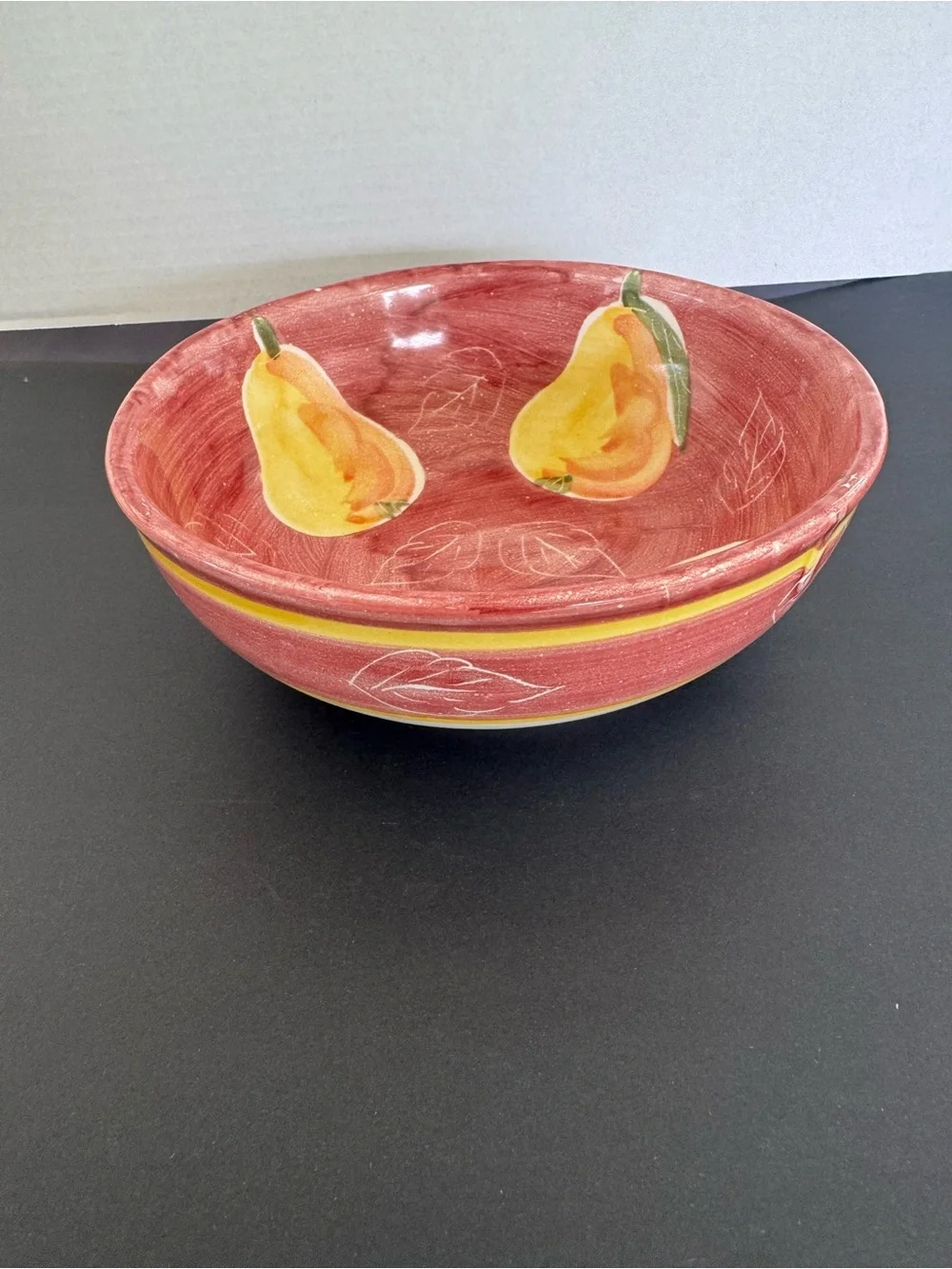 Hand-Painted Red Ceramic Fruit Bowl with Pear Design